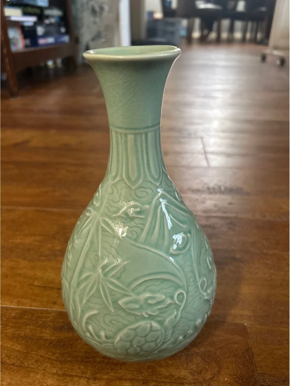 Celadon Green Ceramic Vase with Raised Animal and Floral Motifsp